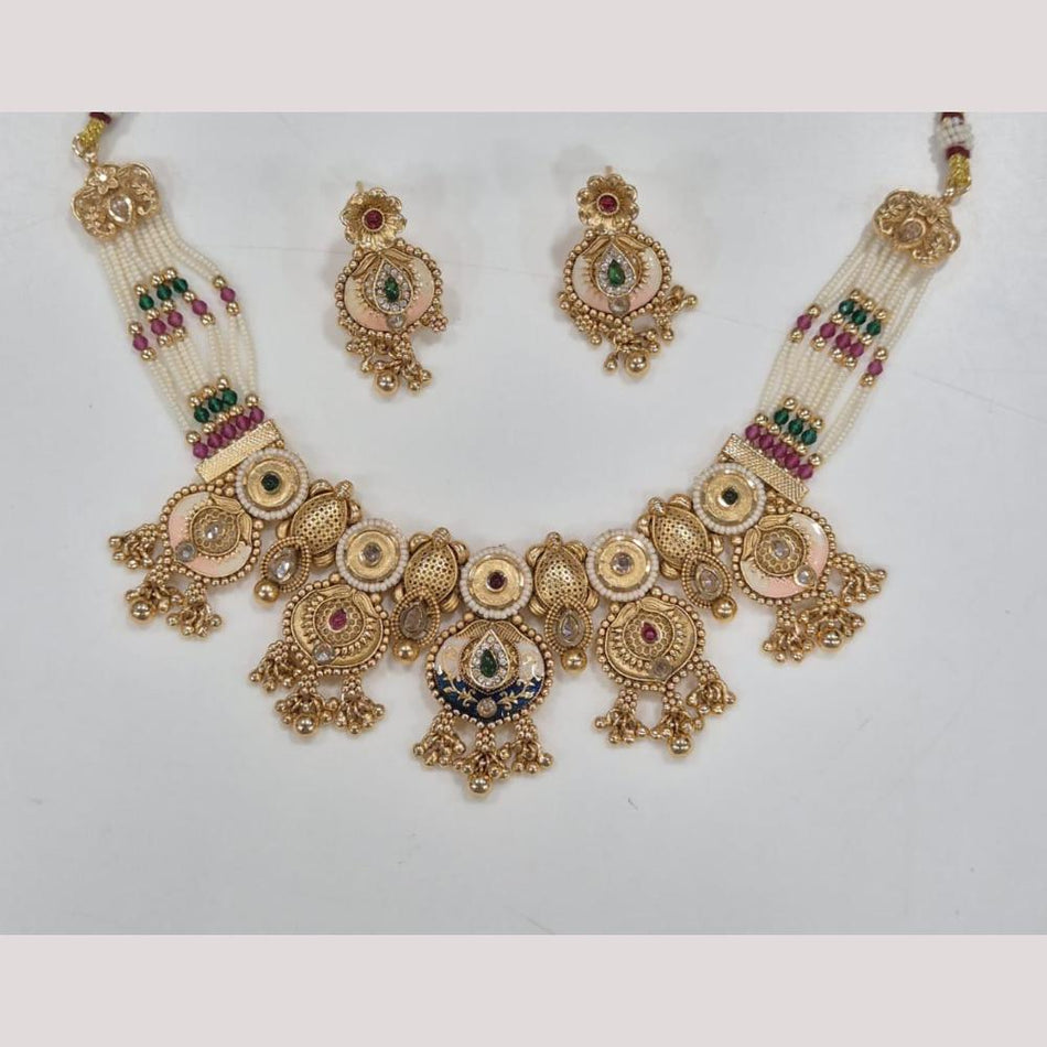 Gold Plated Pota Stone Meenakari Necklace Set | Bridal Jewellery India