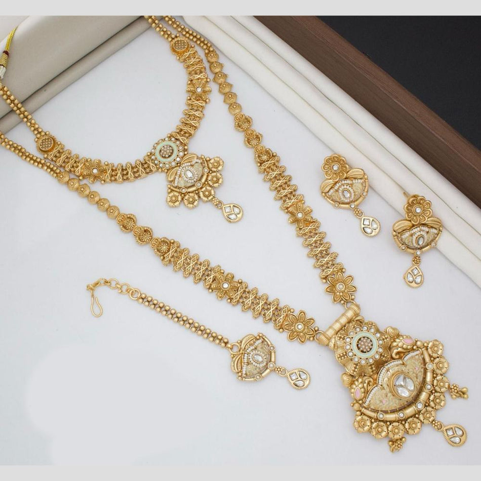Gold Plated Pota Stone Double Necklace Set | Bridal Jewellery India