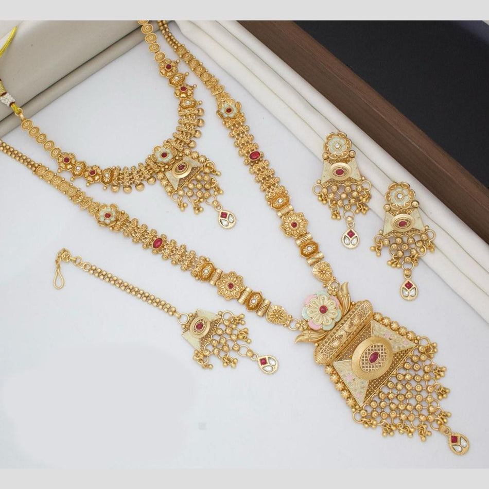 Gold Plated Pota Stone Double Necklace Set | Bridal Jewellery India