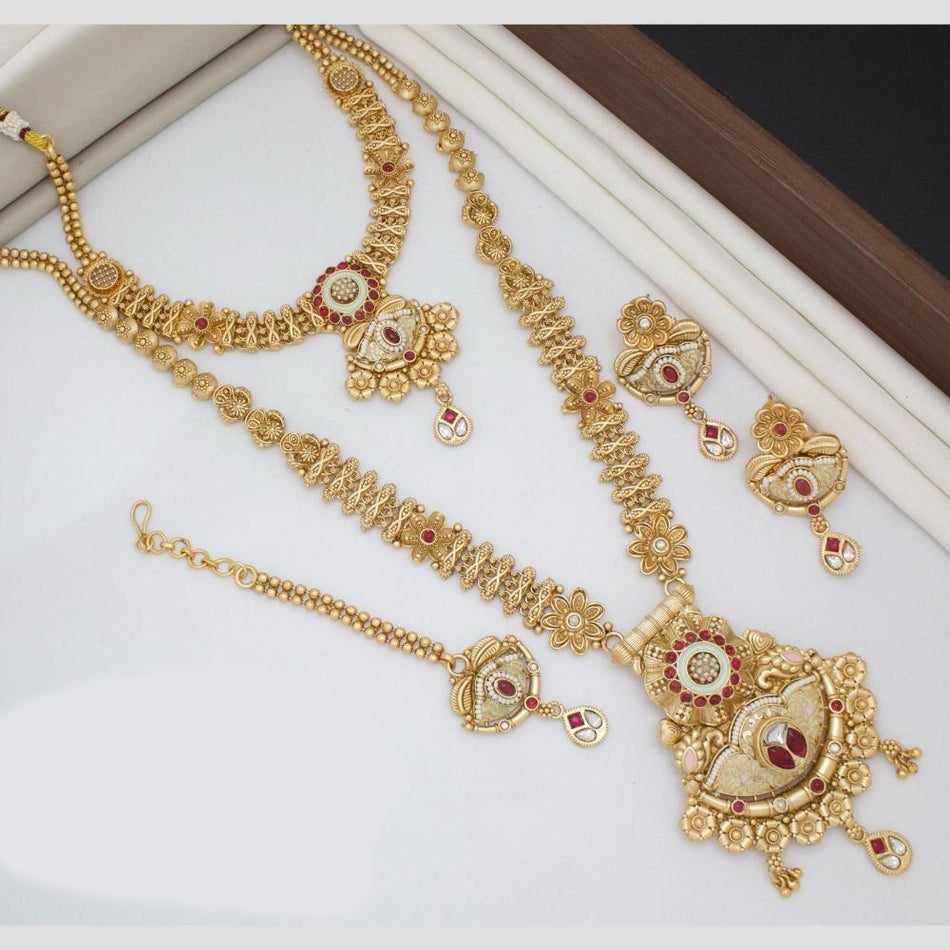 Gold Plated Pota Stone Meenakari Necklace Set | Bridal Jewellery India