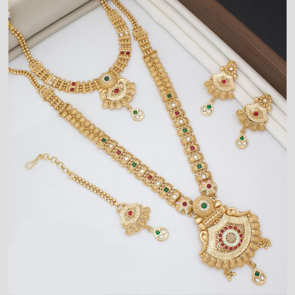 Gold Plated Pota Stone Meenakari Necklace Set | Bridal Jewellery India