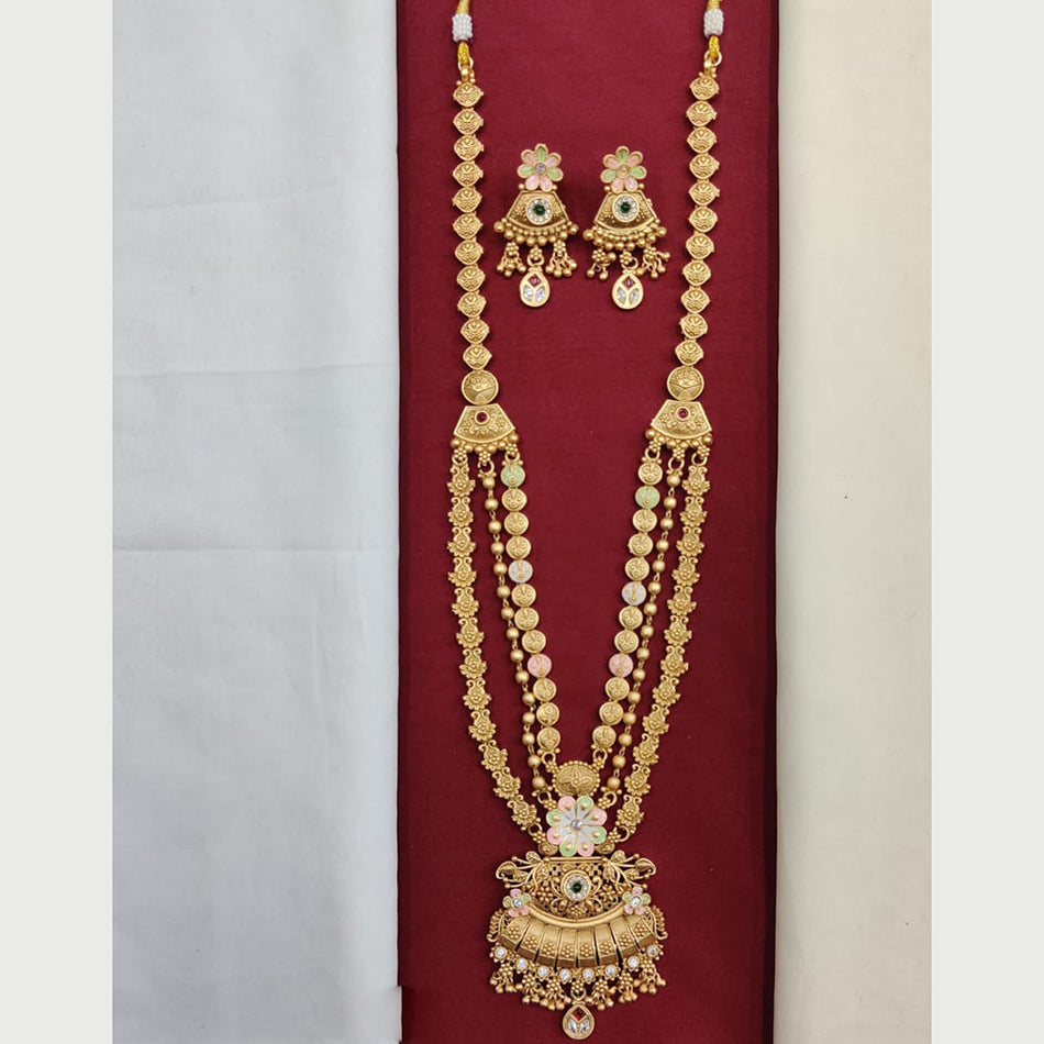 Meenakari Long Necklace in Gold Plated with Pota Stone | Bridal Jewellery India