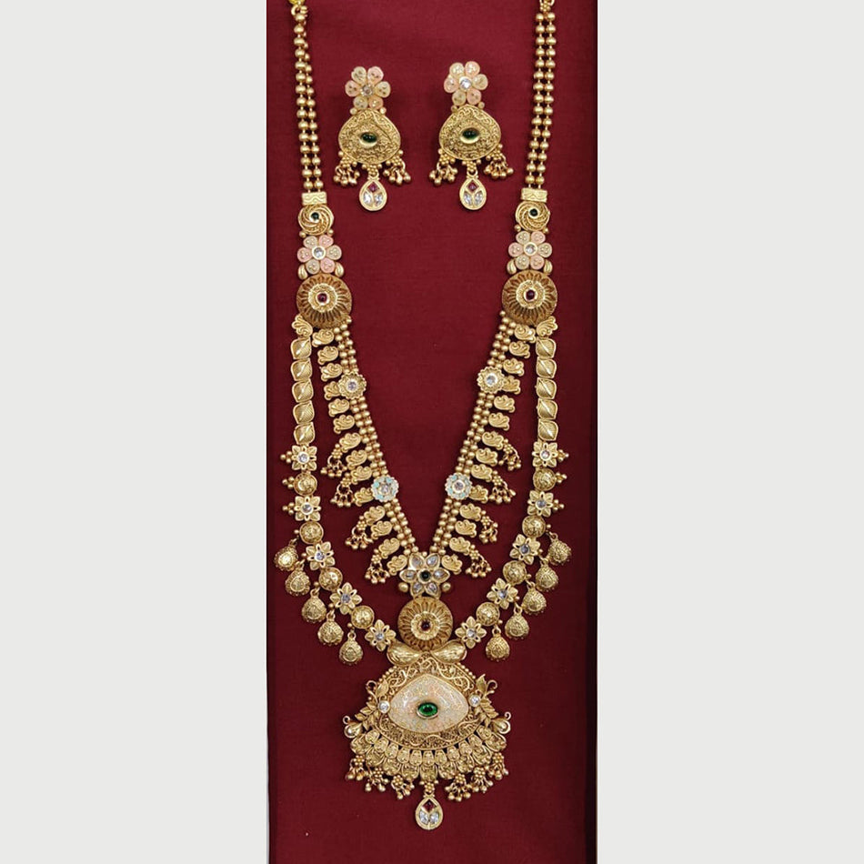 Meenakari Long Necklace in Gold Plated with Pota Stone | Bridal Jewellery India