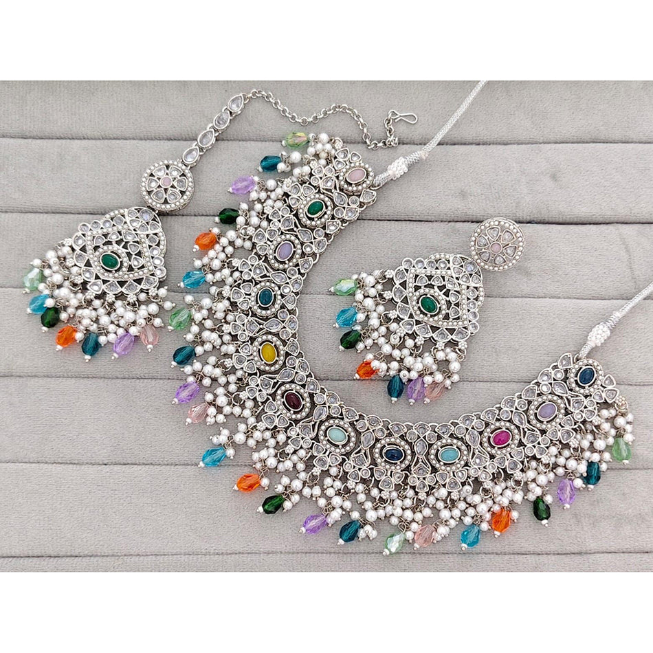 Crystal Stone Necklace in Silver for Wedding | Bridal Jewellery India