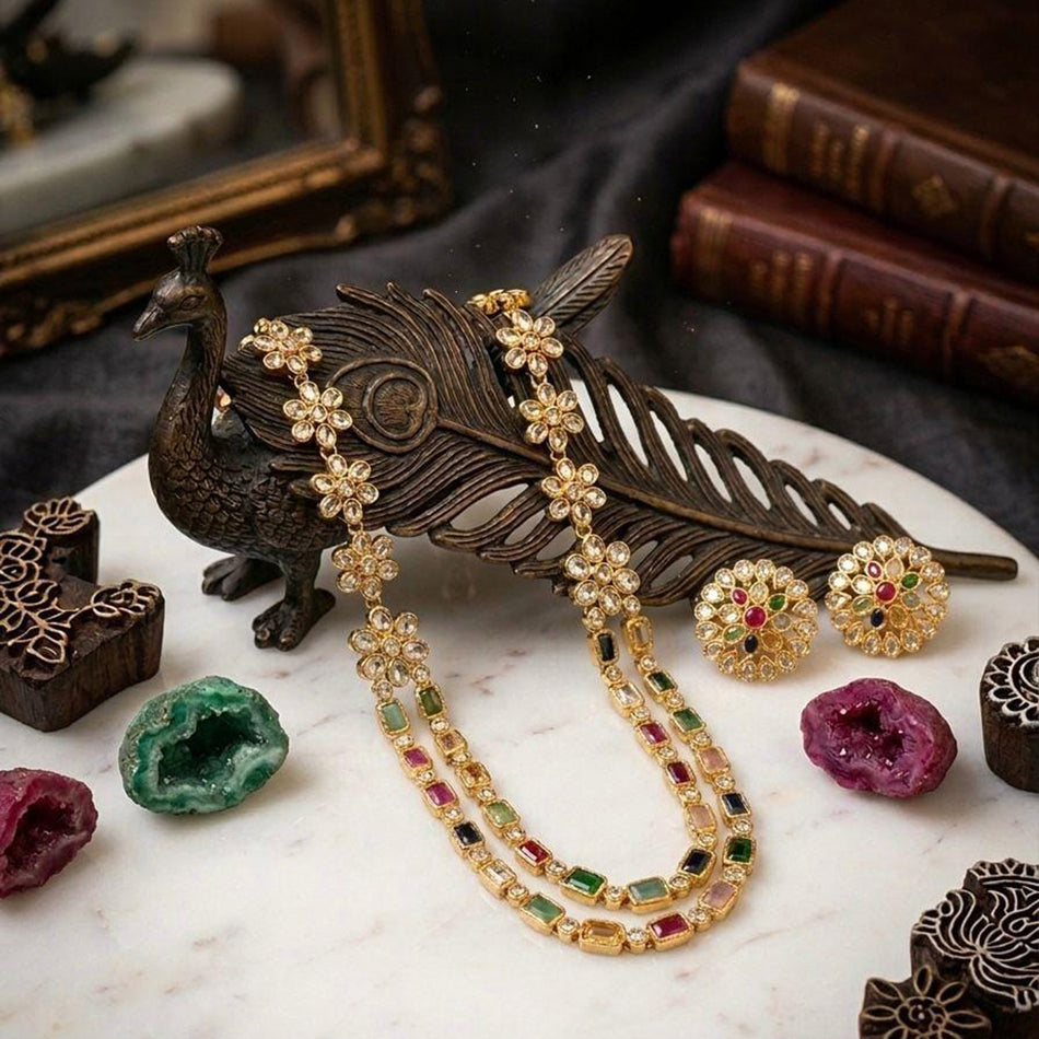Crystal Stone Long Necklace in Oxidised Silver | Bridal Jewellery India