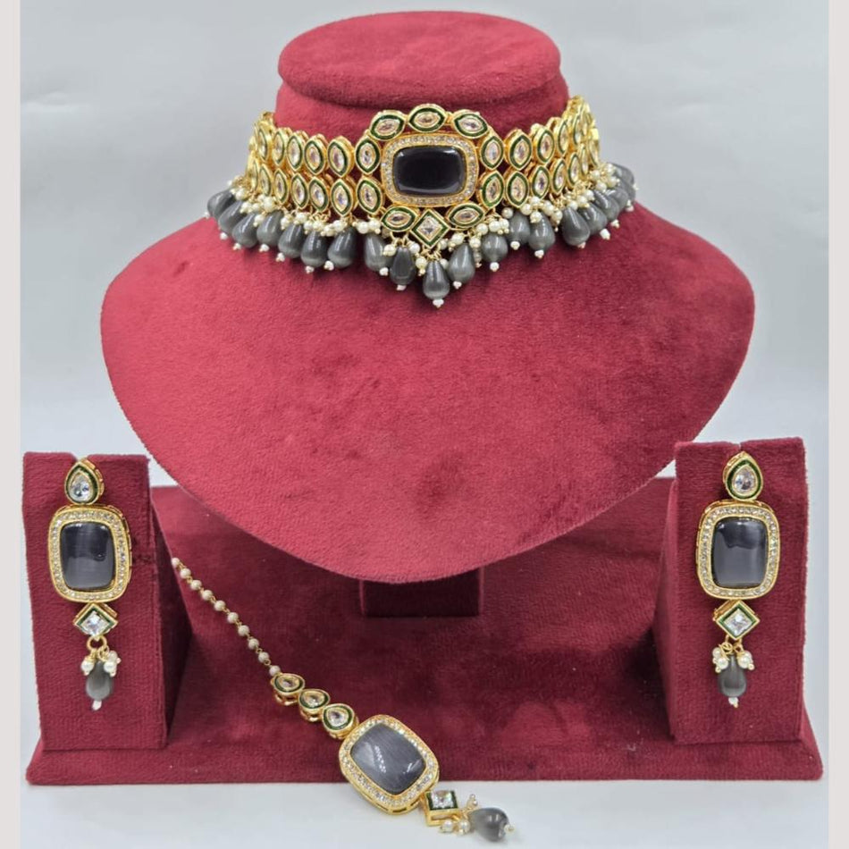 Crystal Stone Choker Necklace in Oxidised Silver | Bridal Jewellery India