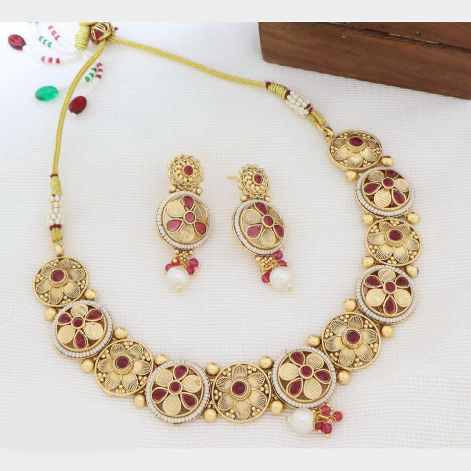 Rose Gold Plated Pota Stone Pearl Necklace | Bridal Jewellery India