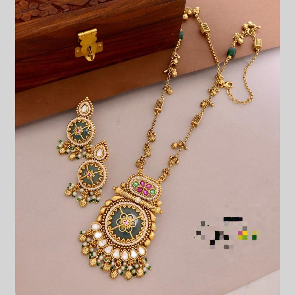 Pota Stone Long Necklace in Silver | Bridal Jewellery India
