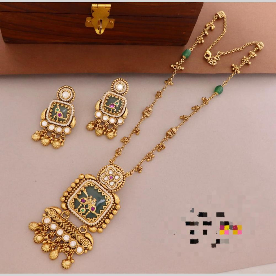 Rose Gold Plated Pota Stone Long Necklace | Bridal Jewellery India
