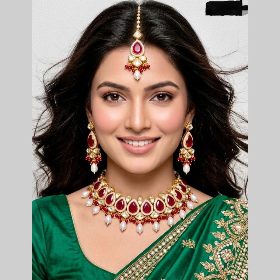 Rose Gold Plated Pota Stone Pearl Choker Necklace | Bridal Jewellery India