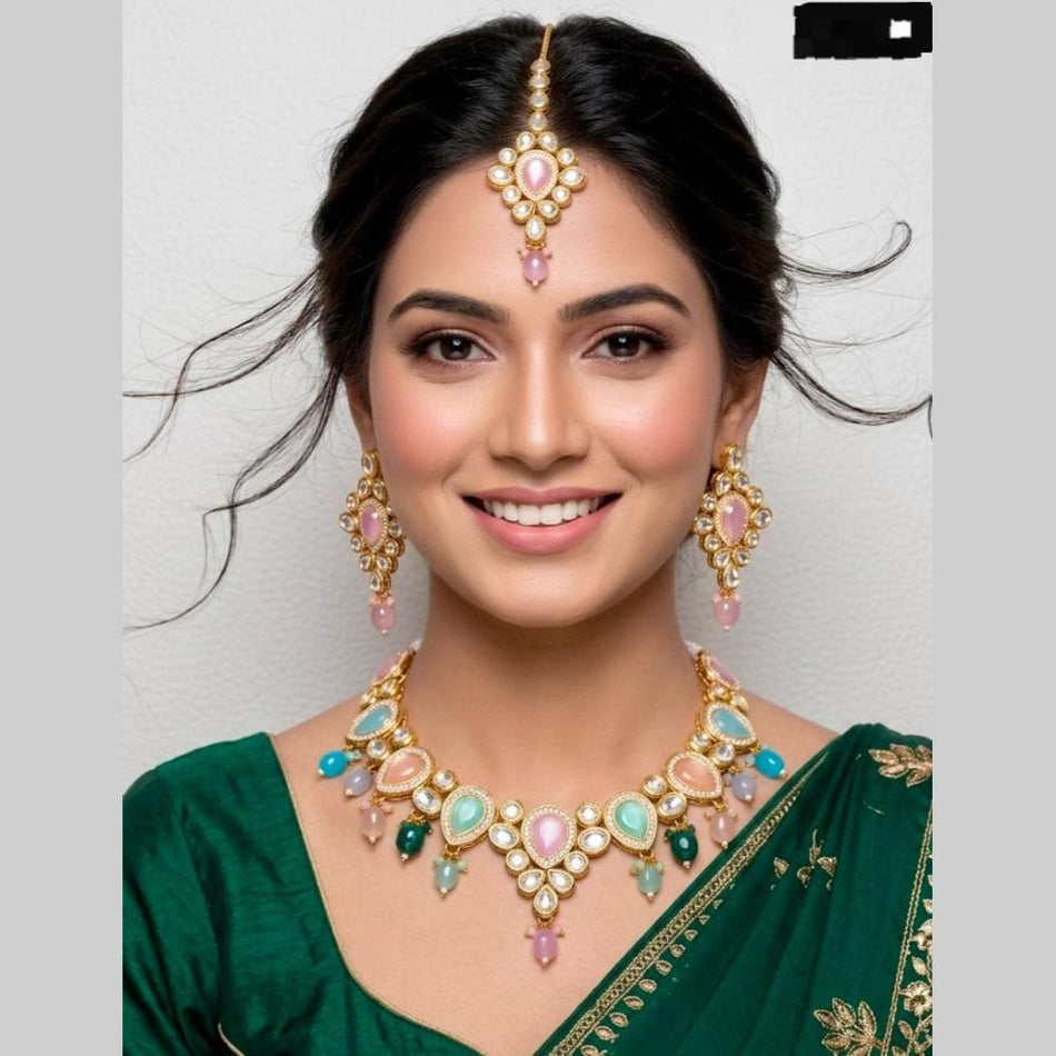 Rose Gold Plated Pota Stone Pearl Choker Necklace | Bridal Jewellery India