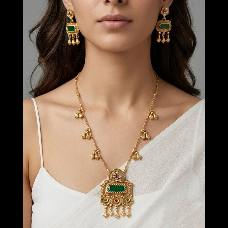 Rose Gold Plated Pota Stone Long Necklace with Pearl | Bridal Jewellery India