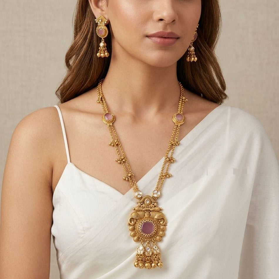 Pota Stone and Pearl Necklace in Silver for Bride | Bridal Jewellery India