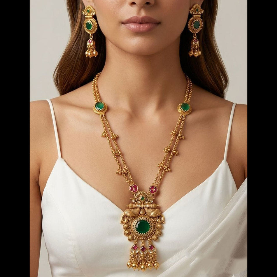 Rose Gold Plated Pota Stone Long Necklace | Bridal Jewellery India