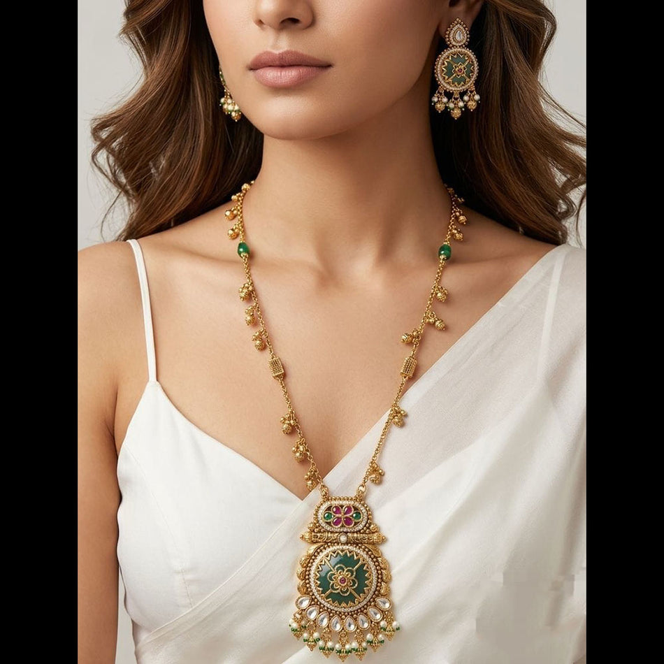 Kota Art Sterling Silver Long Necklace with Potsu Stone | Bridal Jewellery India