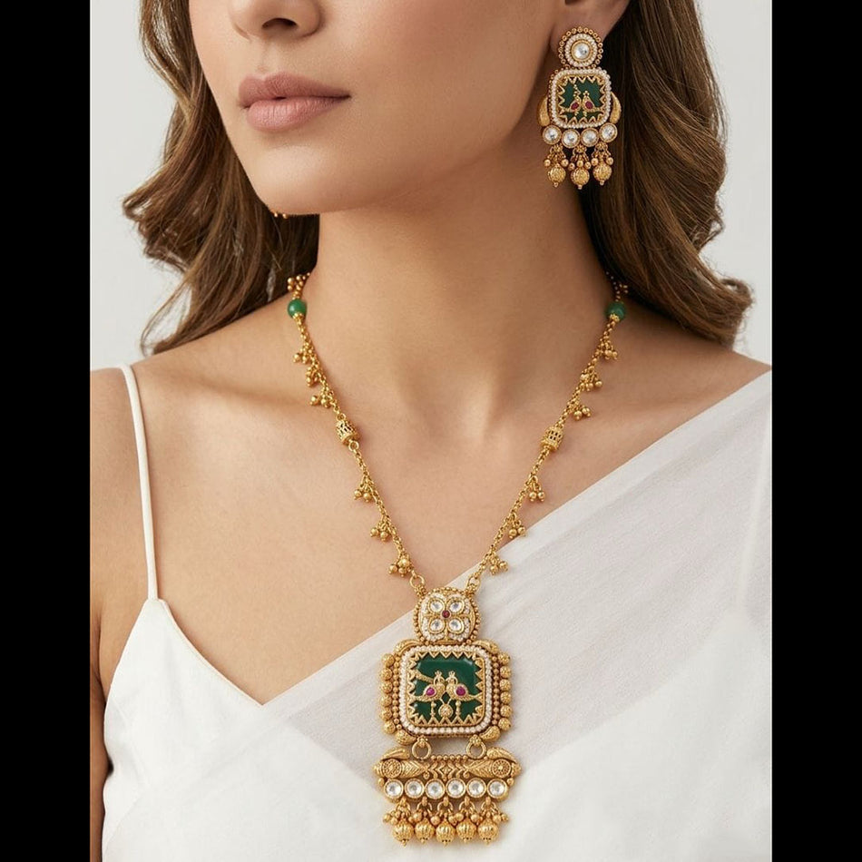 Kota Art Long Necklace in Silver with Pota Stones | Bridal Jewellery India