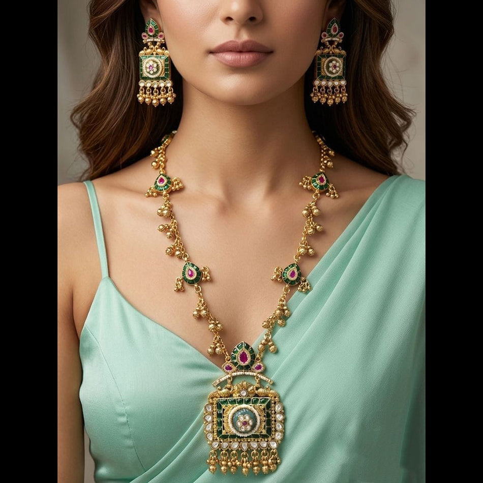 Pota Stone Long Necklace in Rose Gold Plated | Bridal Jewellery India