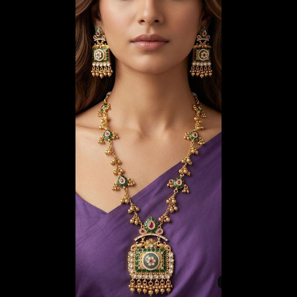 Pota Stone Long Necklace in Gold Tone | Bridal Jewellery India