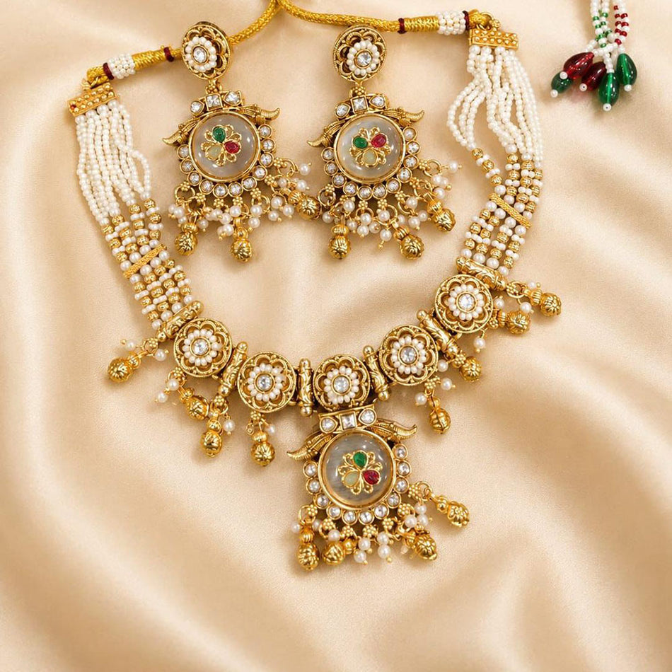 Pota Stone Pearl Necklace in Gold Tone | Bridal Jewellery India