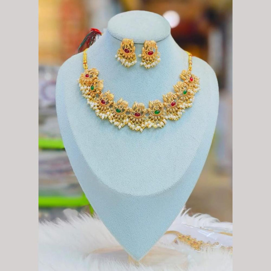 Gold Plated Pota Stone and Pearls Necklace Set | Bridal Jewellery India