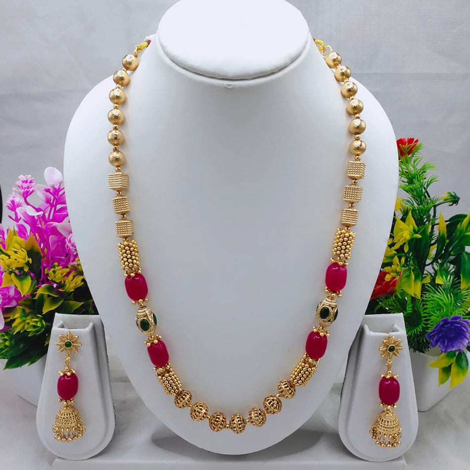 Rose Gold Plated Pota Stone Long Necklace Set | Bridal Jewellery India