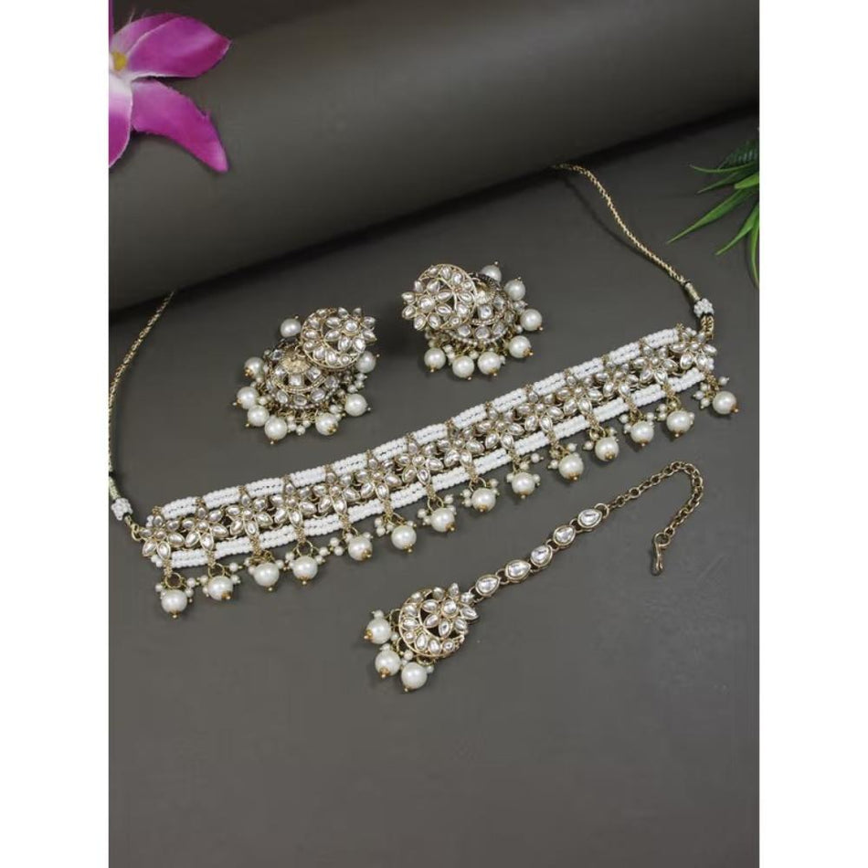 Kundan Choker Necklace in Gold Plated with Pearls | Bridal Jewellery India