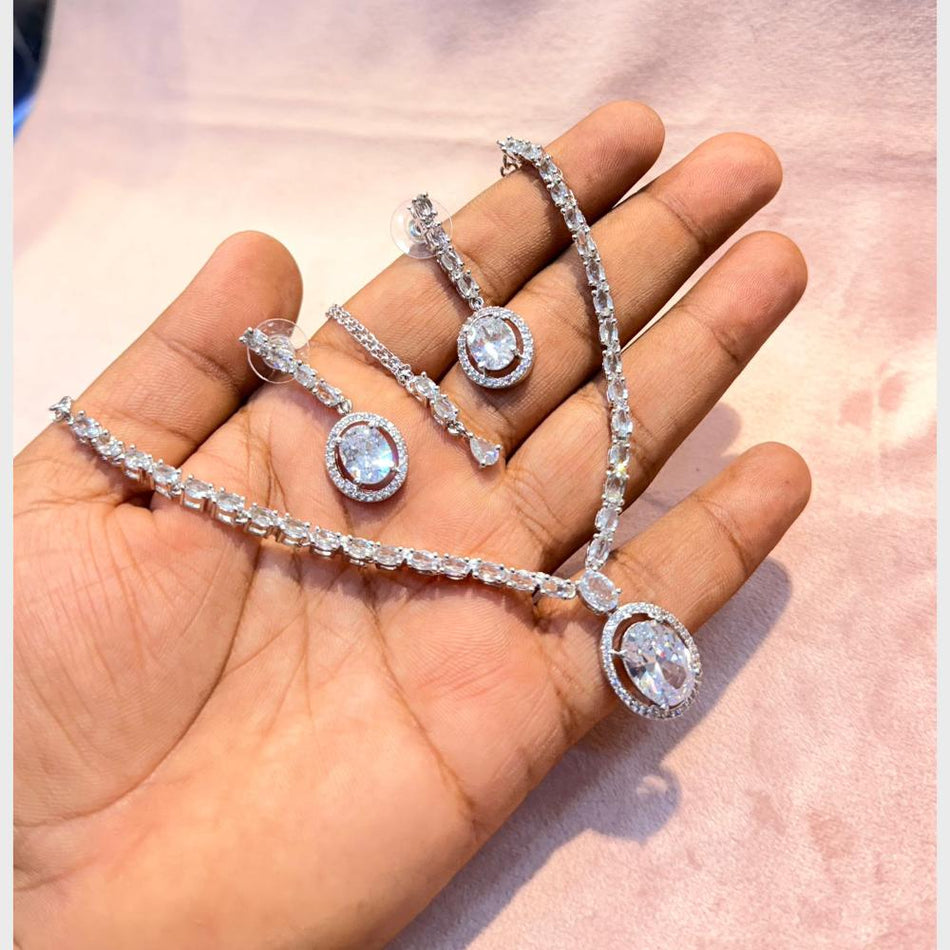 Graceful Diamond Necklace in White Gold Plated | Bridal Jewellery India