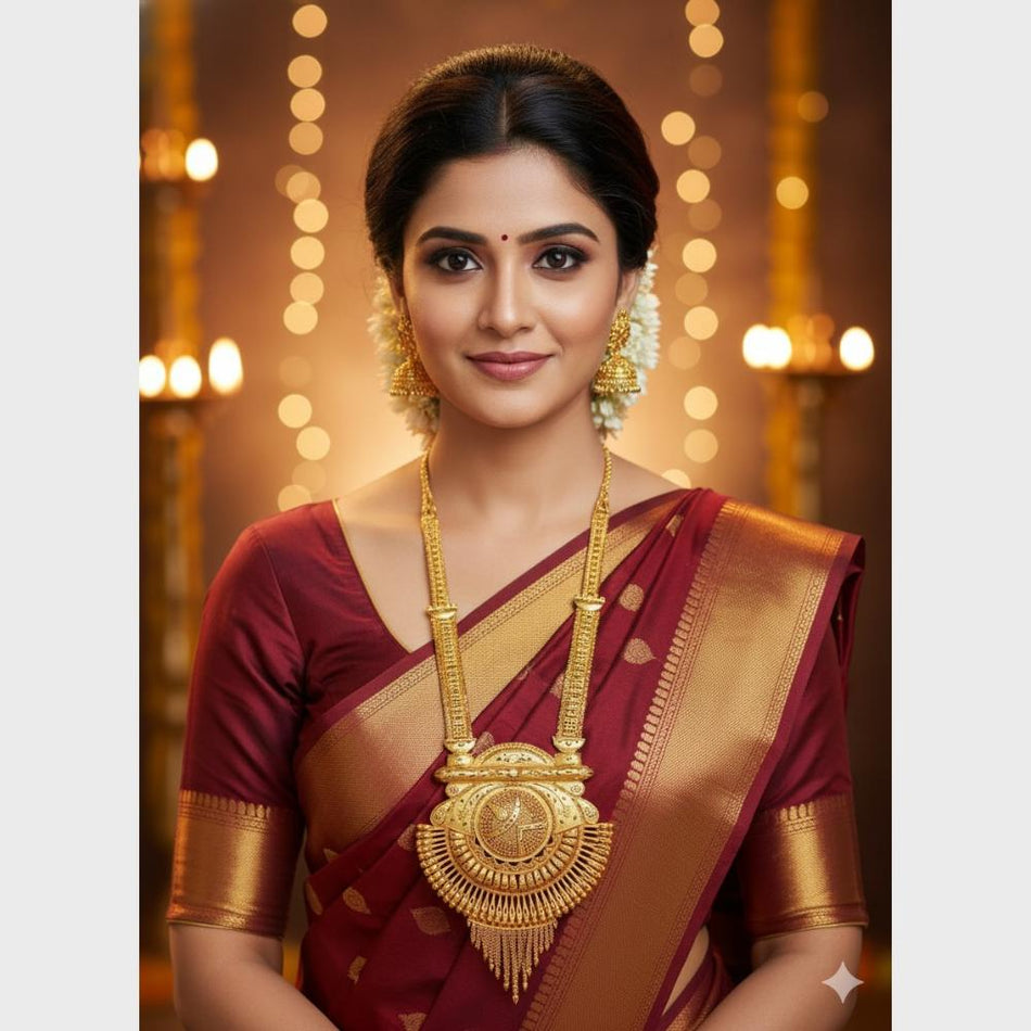 Gold Plated Long Necklace Set in Designer Metal | Bridal Jewellery India
