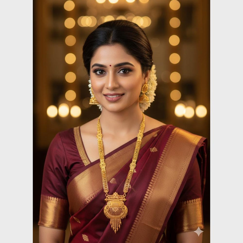 Gold Plated Long Necklace Set in Designer Metal | Bridal Jewellery India