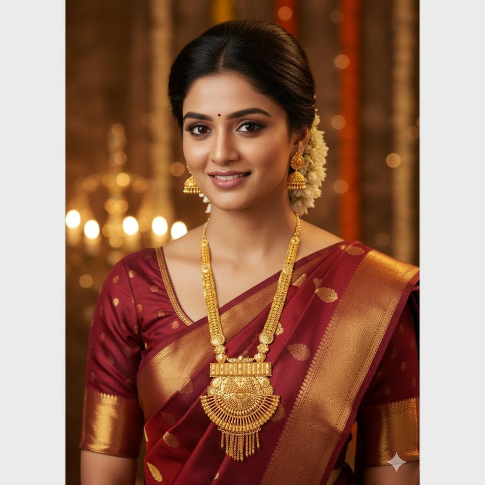 Gold Plated Long Necklace Set in Designer Form | Bridal Jewellery India