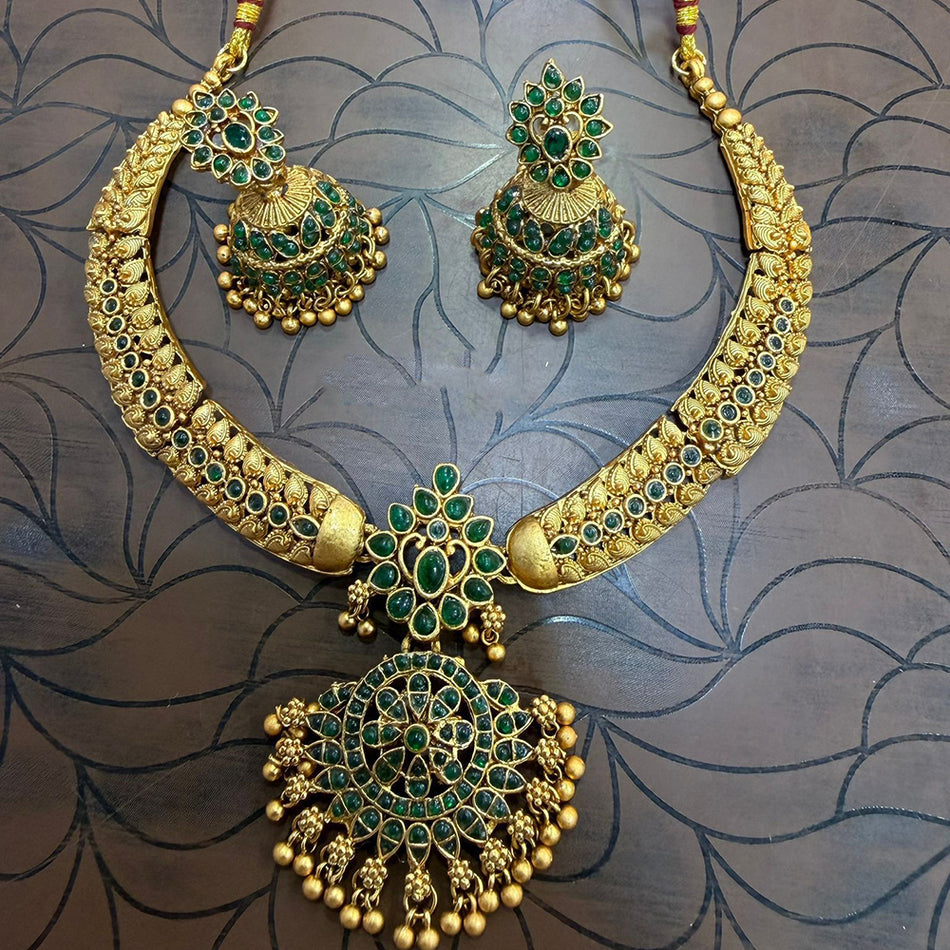 Gold Plated Pota Stone and Pearl Necklace Set | Bridal Jewellery India