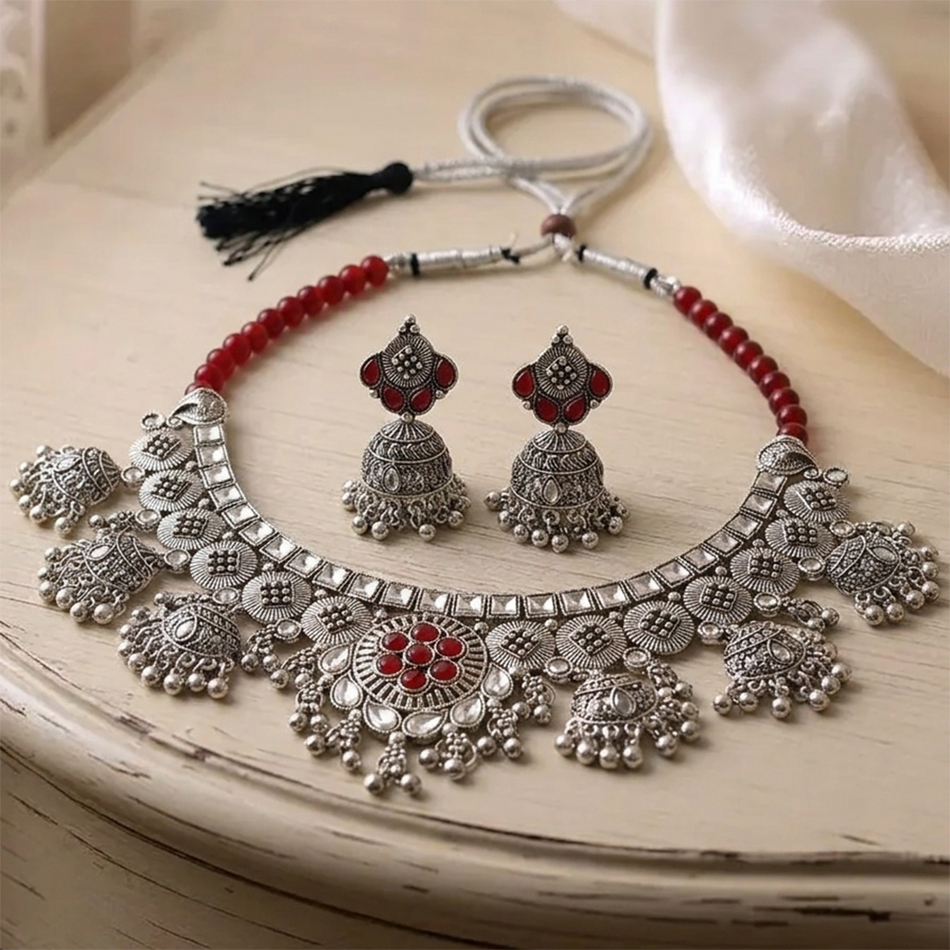 Oxidised Silver Choker Set with Jumkas for Women Occasions | Bridal Jewellery India