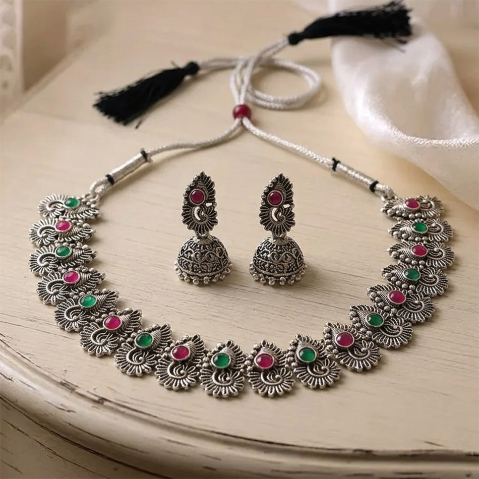 Oxidised Silver Choker Set with Pink Green Beads Jumkas | Bridal Jewellery India