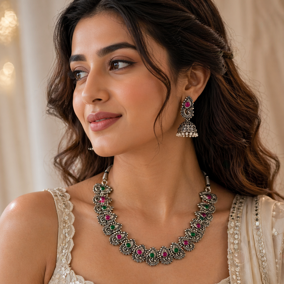 Oxidised Silver Choker Set with Pink   Green Beads Jumkas | Bridal Jewellery India