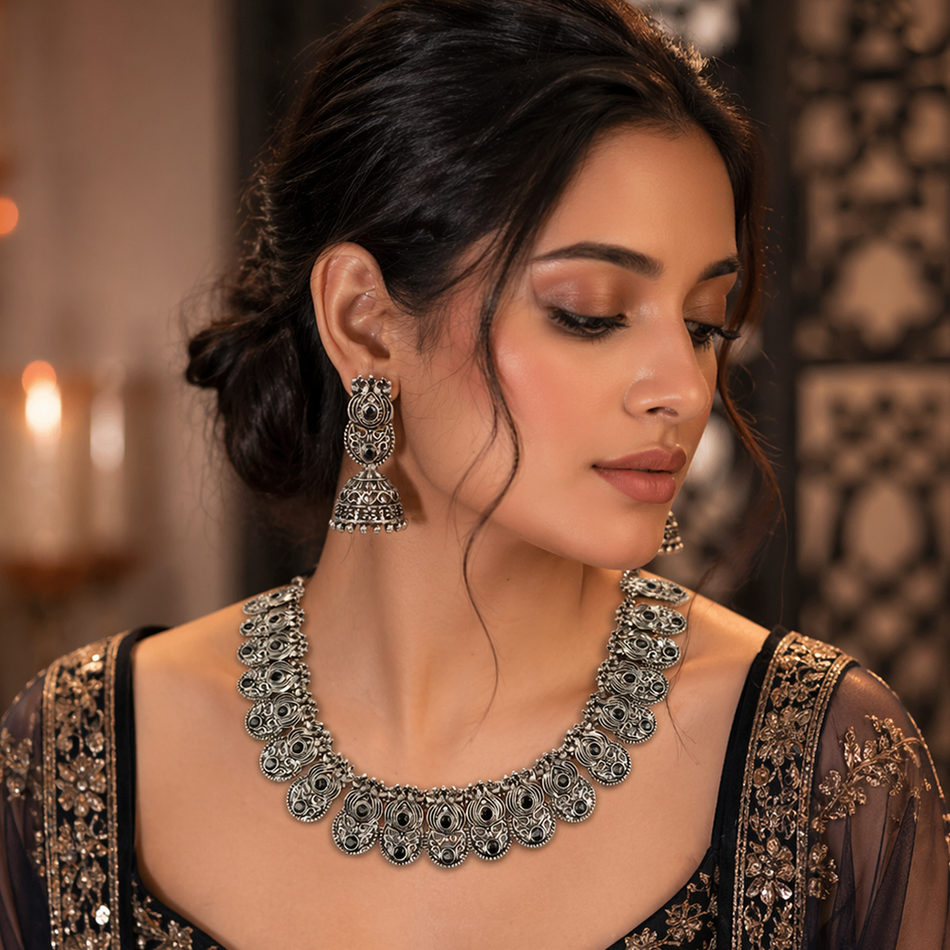 Oxidised Silver Choker Set with Jhumka Earrings | Bridal Jewellery India