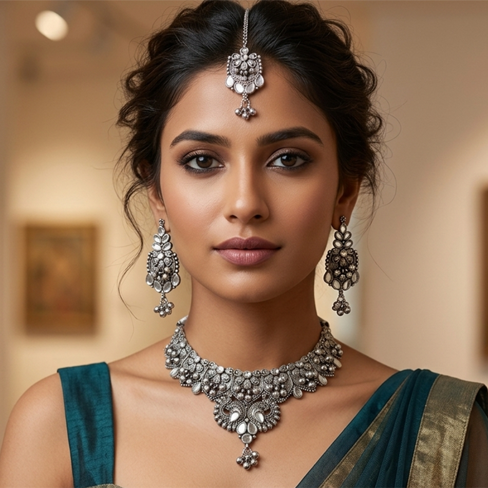 Oxidised Silver Choker with Jhumka Earrings Set | Bridal Jewellery India