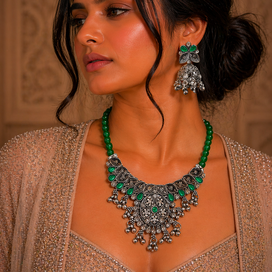 Oxidised Silver Choker with Jhumka Earrings Set | Bridal Jewellery India