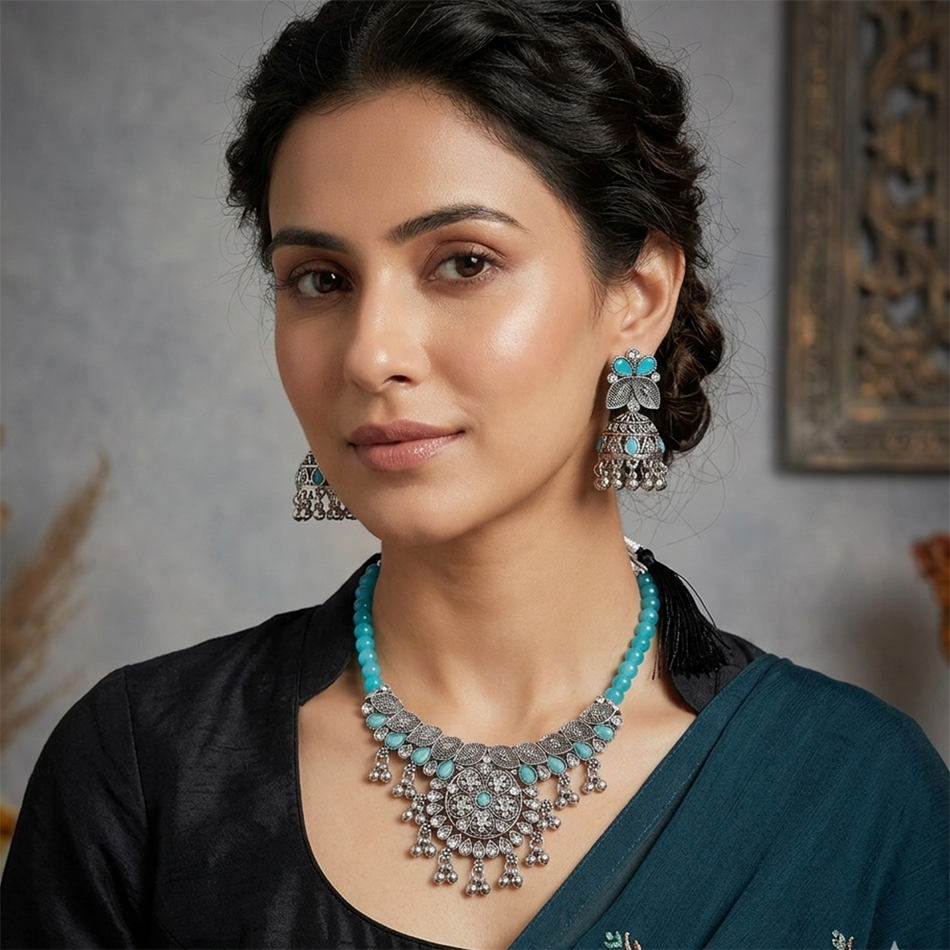 Oxidised Silver Choker Set with Blue Jumkas for Women | Bridal Jewellery India