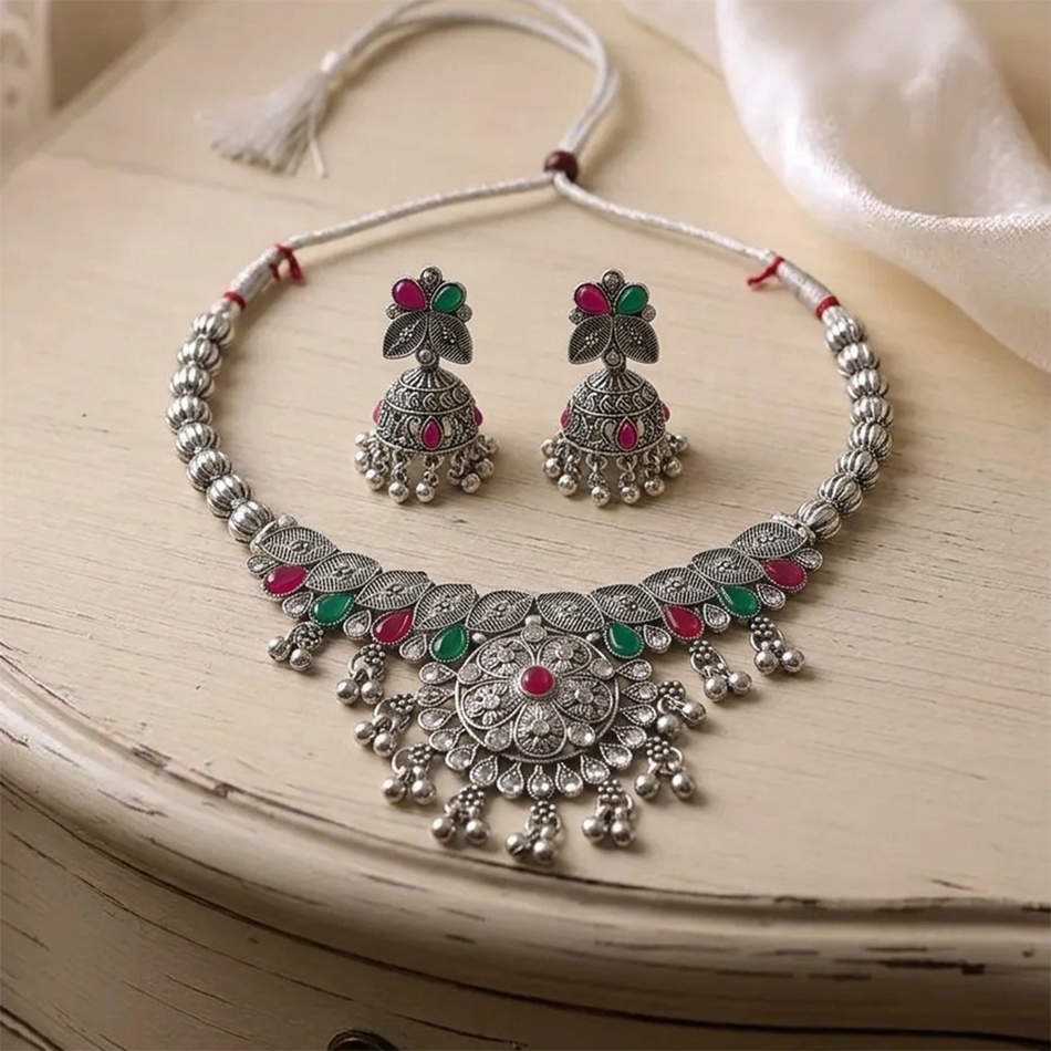 Oxidised Silver Choker Set with Pink   Green Beads for | Bridal Jewellery India