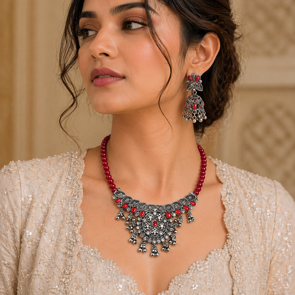 Oxidised Silver Choker Set with Jhumka Earrings | Bridal Jewellery India