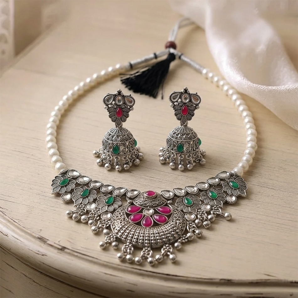 Oxidised Silver Choker Set with Pink Green Beads Jumkas | Bridal Jewellery India