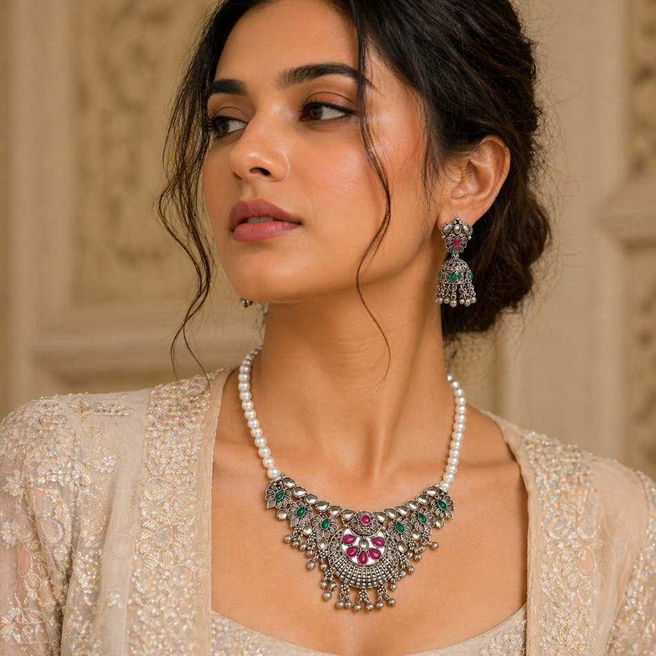 Oxidised Silver Choker Set with Pink   Green Beads Jumkas | Bridal Jewellery India
