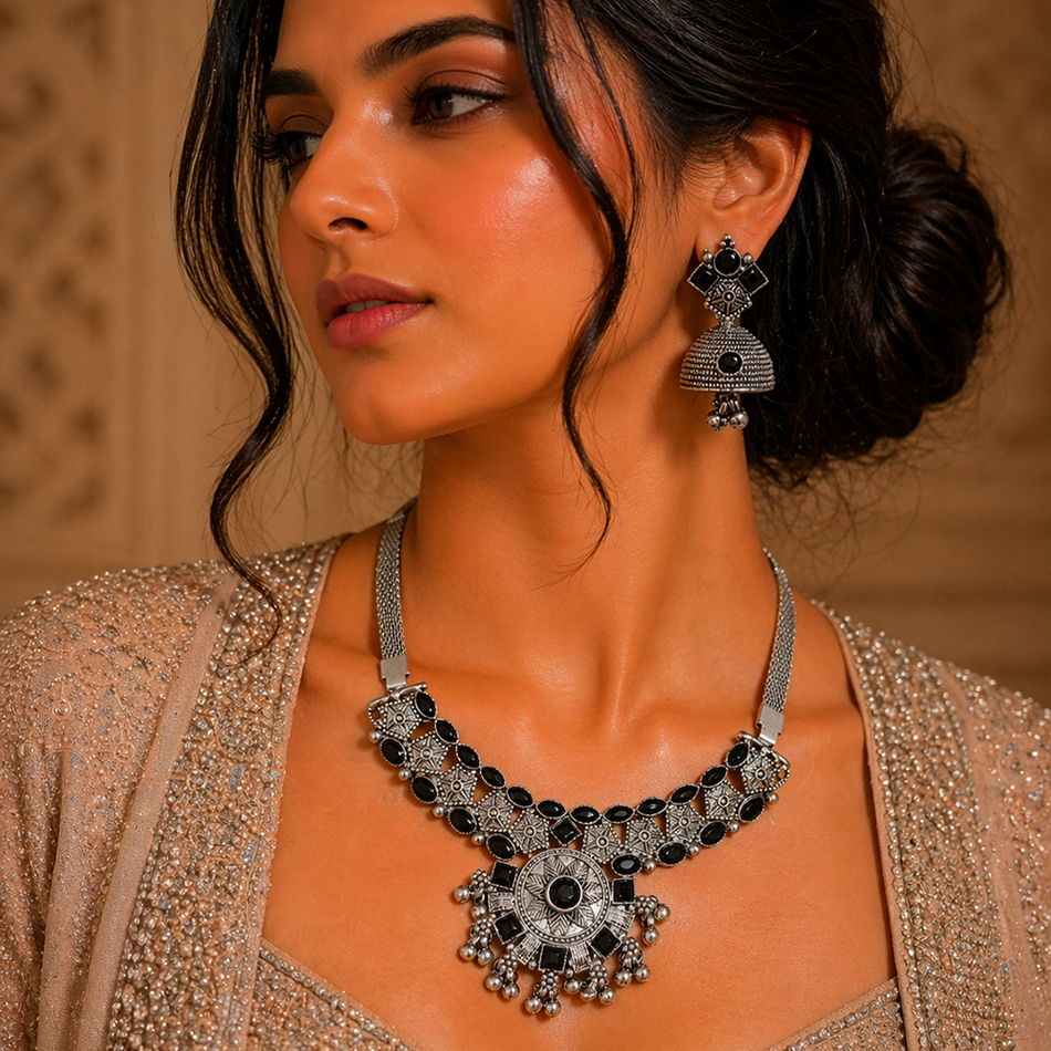 Oxidised Silver Choker Set with Jhumka Earrings | Bridal Jewellery India