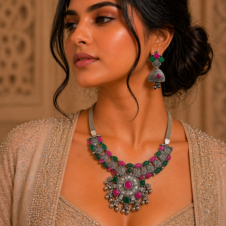 Oxidised Silver Choker Set with Pink   Green Beads Jumka | Bridal Jewellery India