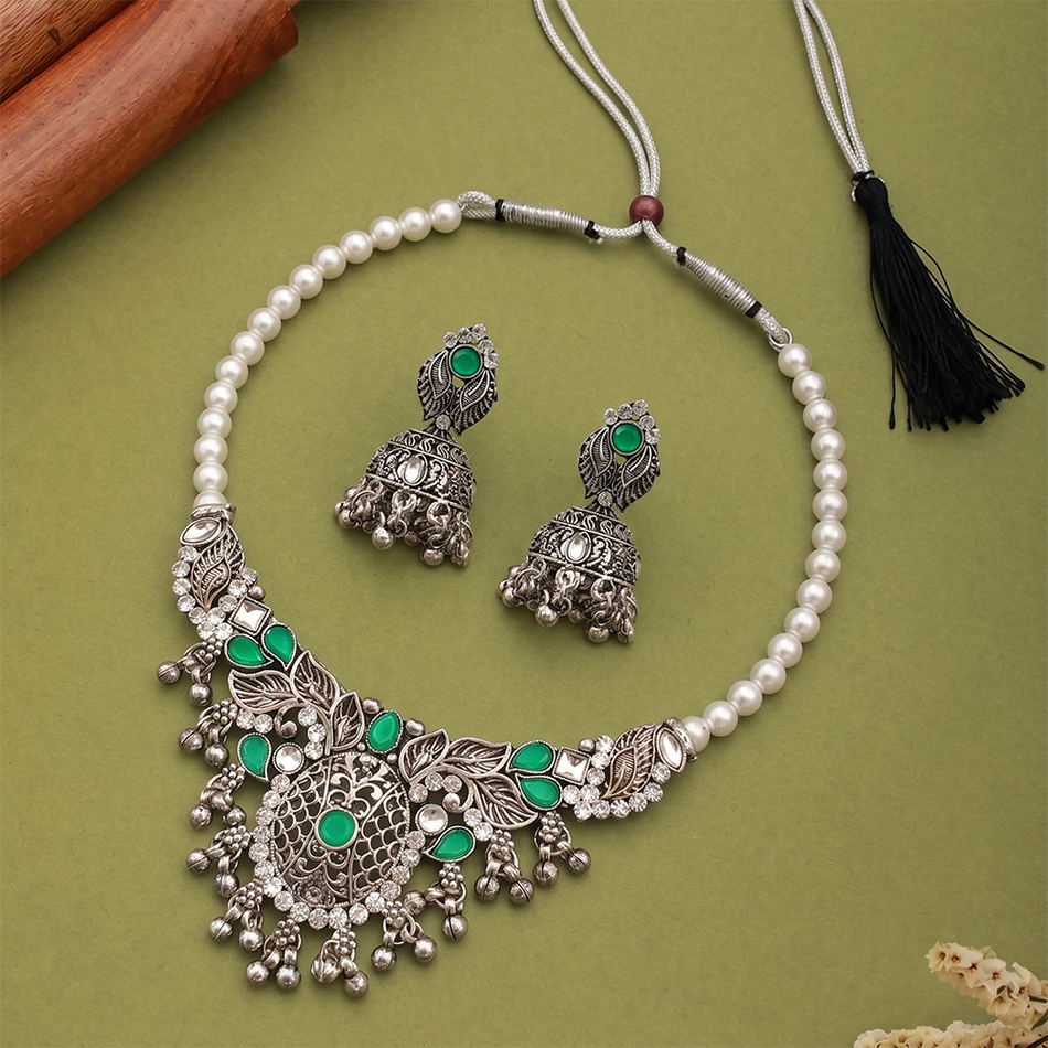 Oxidised Silver Choker Set with Green Jumka Earrings | Bridal Jewellery India