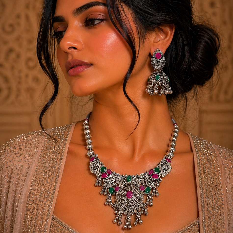 Oxidised Silver Choker Set with Jhumka Earrings in Pink | Bridal Jewellery India