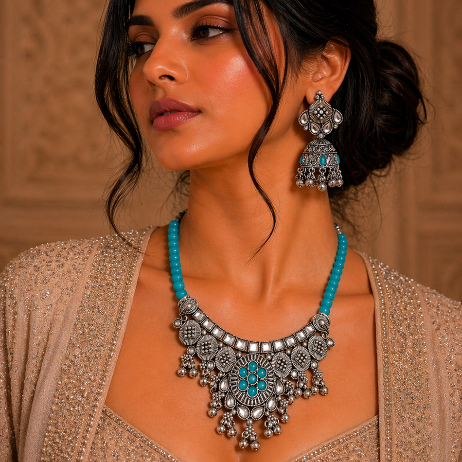Oxidised Silver Choker with Jumkas for Women Occasion | Bridal Jewellery India