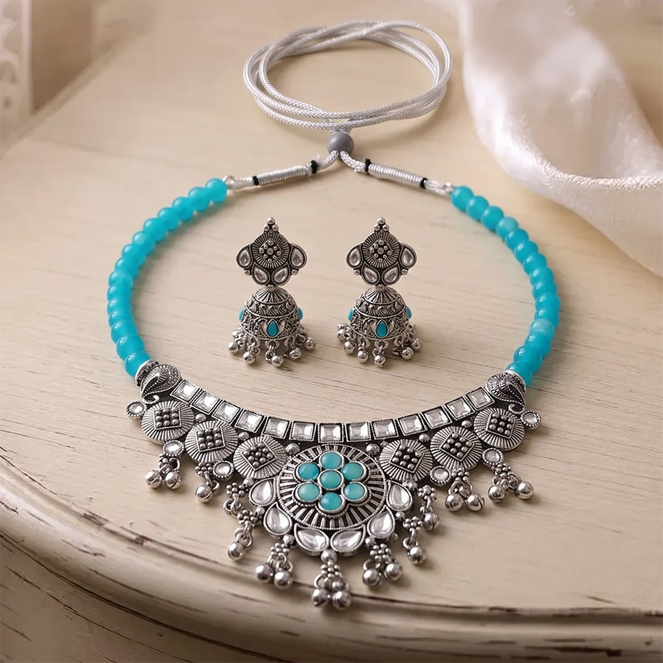 Oxidised Silver Choker with Jumkas for Women Occasion | Bridal Jewellery India