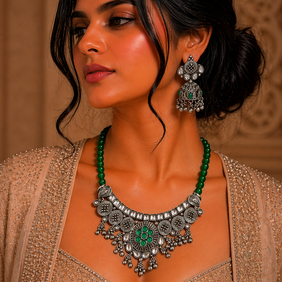 Oxidised Silver Choker Set with Green Beads for Occasion | Bridal Jewellery India