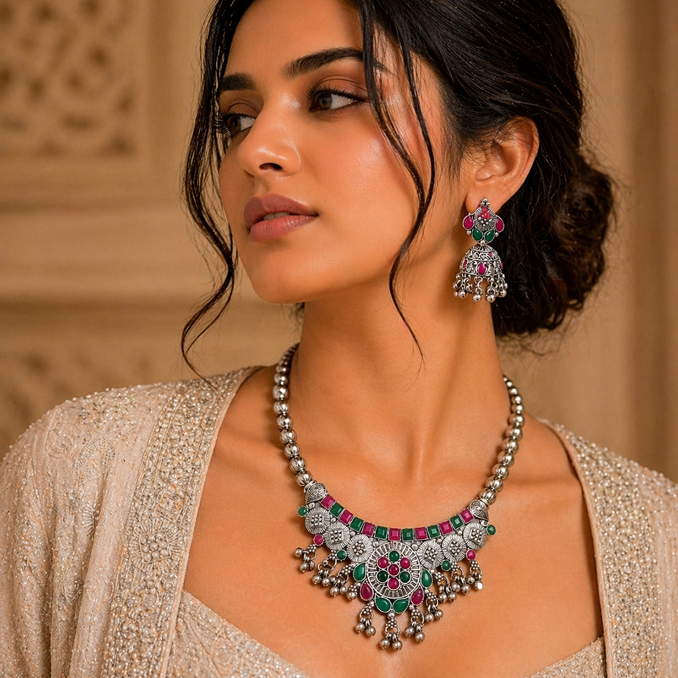 Oxidised Silver Choker Set with Jumkas for Women Occasion | Bridal Jewellery India